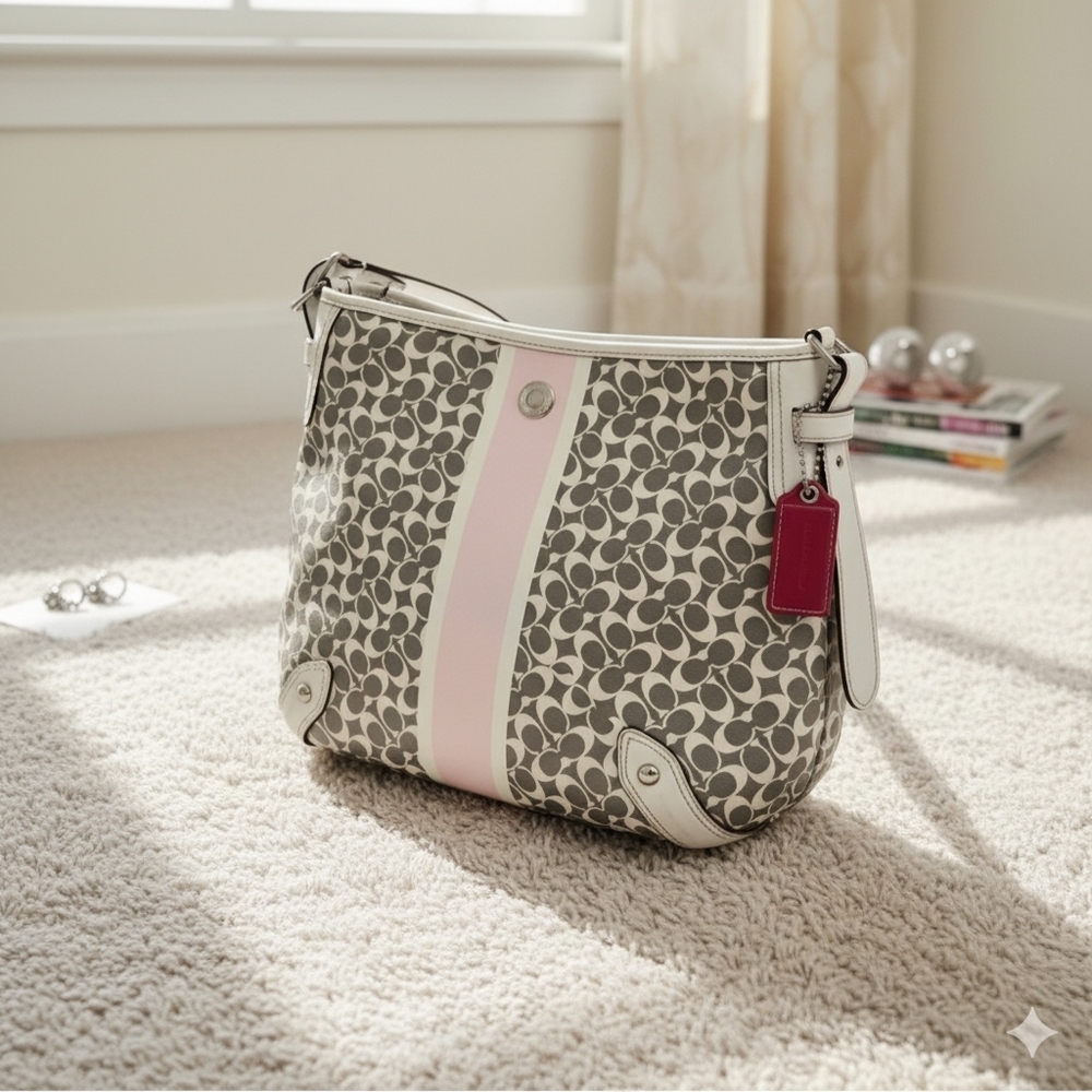 COACH Heritage Stripe Chelsea Hobo Shoulder Crossbody F16191  Pink Grey White